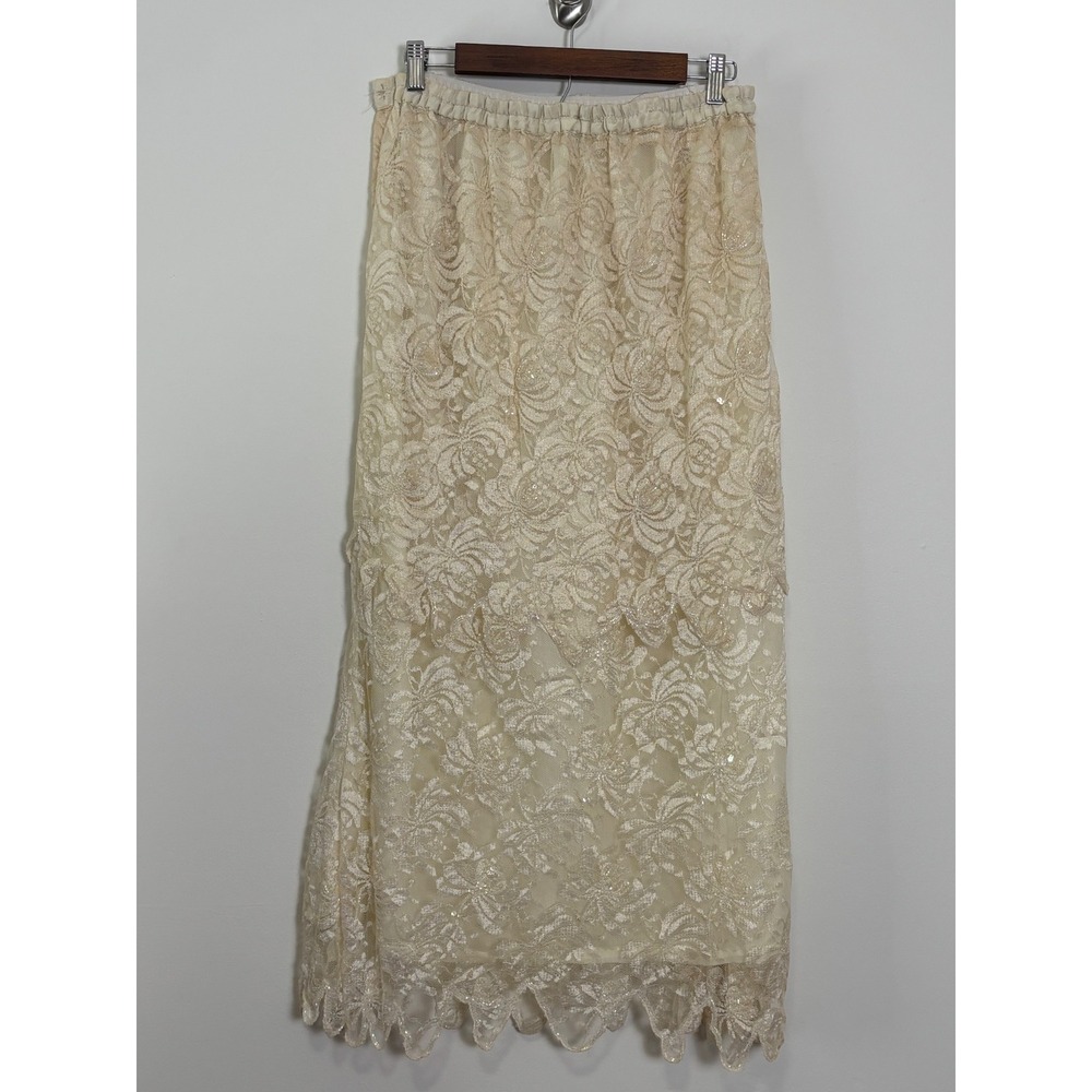 Vintage Womens Tiered Lace Sequin Maxi Skirt 14 Fairy Grunge Shabby Cottage Boho